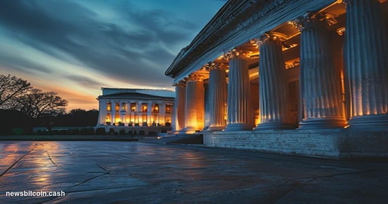 Cinematic photorealistic editorial photograph of the U.S. Department of the Treasury building in Washington D.C., shot from a