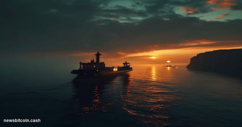 Cinematic photorealistic editorial photograph of a massive oil tanker navigating the narrow, haze-shrouded waters of the Stra