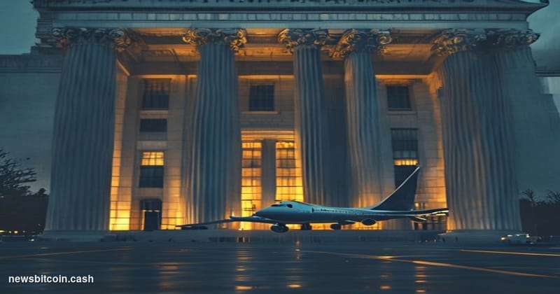 Cinematic photorealistic editorial photograph of the US Treasury Department building in Washington D.C., captured at dusk fro
