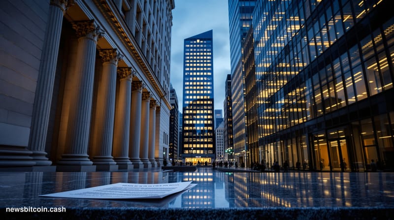 A cinematic photorealistic editorial photograph shot at dusk, depicting the exterior facades of two iconic financial district