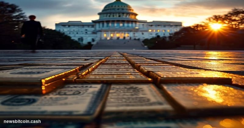 Cinematic photorealistic editorial photograph of the US Capitol building at dusk, shot from a low angle looking up along the 