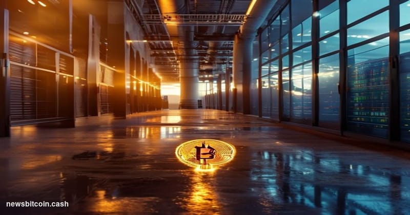 Cinematic photorealistic editorial photograph of a Bitcoin mining facility partially shrouded in summer haze, shot from a low
