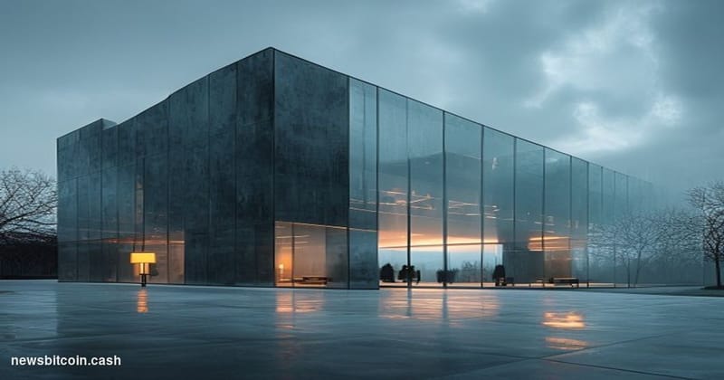 Cinematic photorealistic editorial photograph of Vanguard's corporate headquarters in Malvern, Pennsylvania — a sleek, imposi