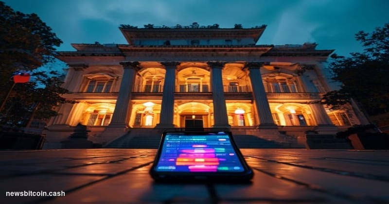 Cinematic photorealistic editorial photograph of a Vietnamese government administrative building in Hanoi, shot at dusk with 
