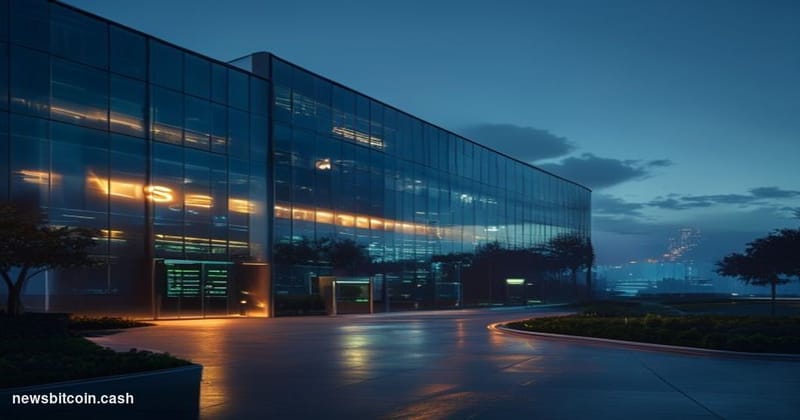 Cinematic photorealistic editorial photograph of a Visa corporate campus entrance at dusk, shot from a low angle looking up a