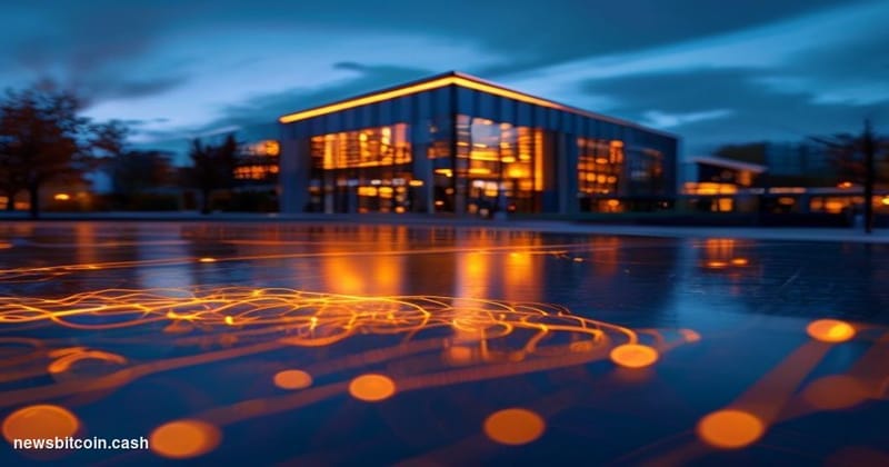 Cinematic photorealistic editorial photograph of Visa's Foster City, California corporate campus shot at dusk from a low wide