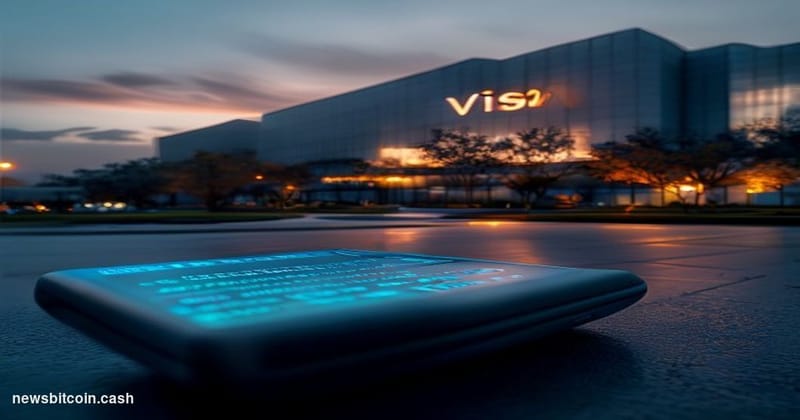 Cinematic photorealistic editorial photograph of Visa's Foster City, California corporate headquarters campus at dusk, dramat