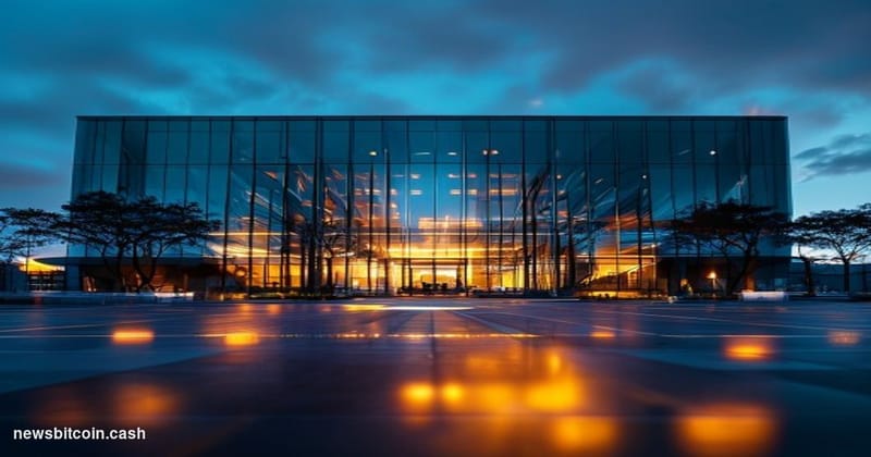 Cinematic photorealistic editorial photograph of Visa's Foster City, California corporate campus headquarters at dusk, shot f