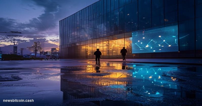 A cinematic photorealistic editorial photograph shot at twilight in San Francisco's tech corridor, focused on a modernist gla