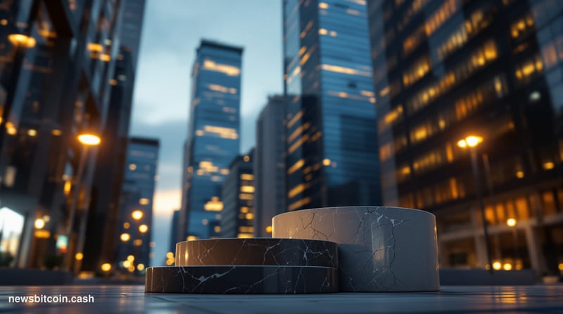 Cinematic photorealistic editorial photograph of a modern Wall Street financial district exterior at dusk, with dramatic low 