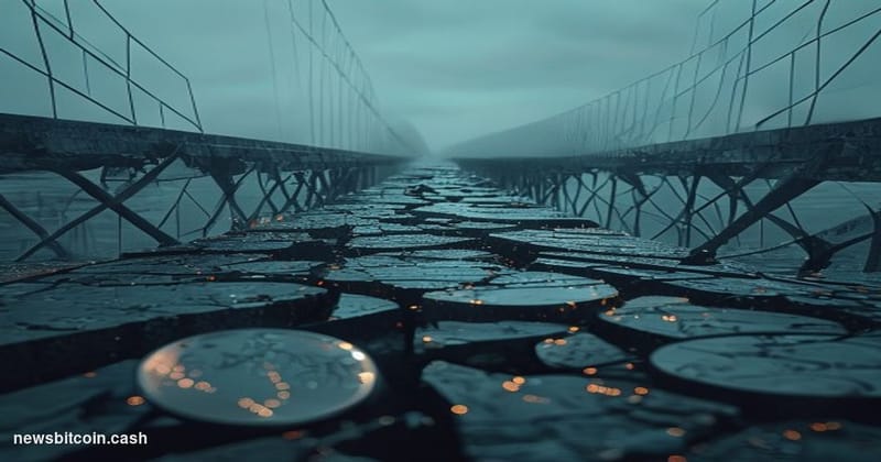 Cinematic photorealistic editorial photograph of a shattered digital bridge structure rendered as physical cracked concrete a