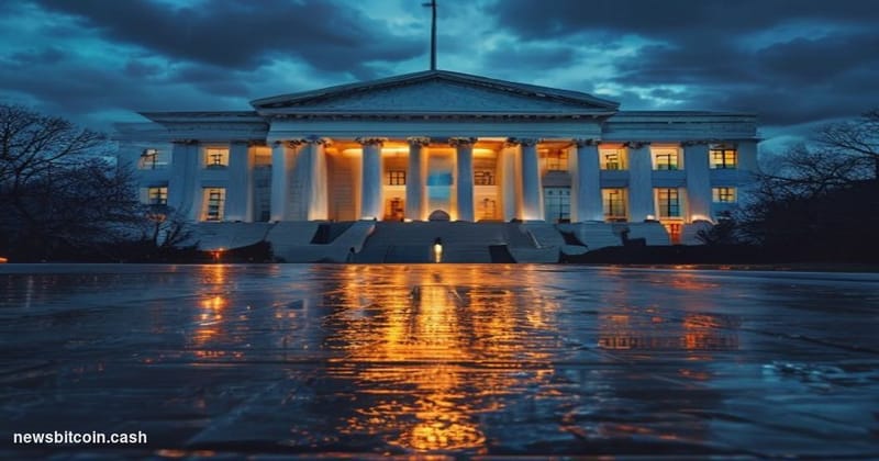 Cinematic photorealistic editorial photograph of the US Treasury Department's neoclassical Washington D.C. headquarters build
