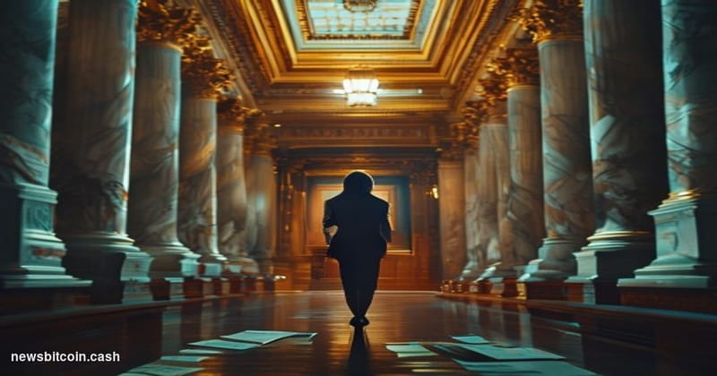 Cinematic photorealistic editorial photograph of the United States Senate chamber corridor in Washington D.C., shot from a lo