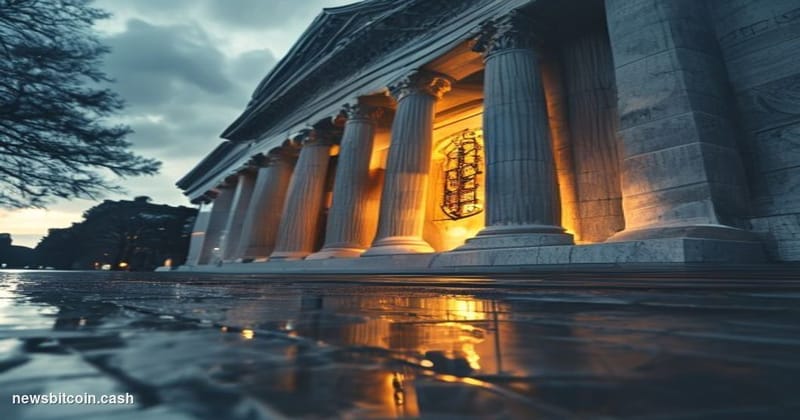 Cinematic photorealistic editorial photograph shot at ground level looking up at the neoclassical facade of the U.S. Treasury