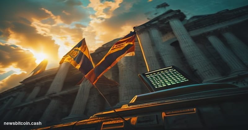 Cinematic photorealistic editorial photograph taken at ground level looking up at the Brazilian flag flying beside a US flag 