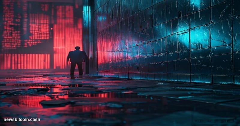 Cinematic photorealistic editorial photograph of a cracked and fractured digital vault door partially submerged in darkness, 