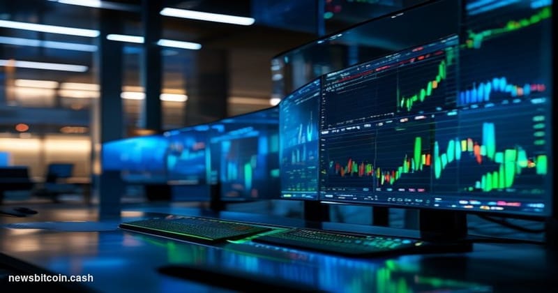 A cinematic photorealistic editorial photograph of a professional crypto trading desk environment, dramatically lit from abov