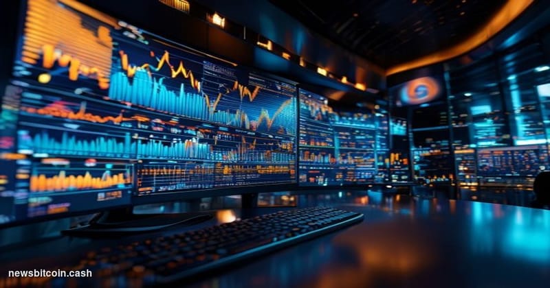 Cinematic photorealistic editorial photograph of a high-tech trading floor blending traditional finance and crypto aesthetics