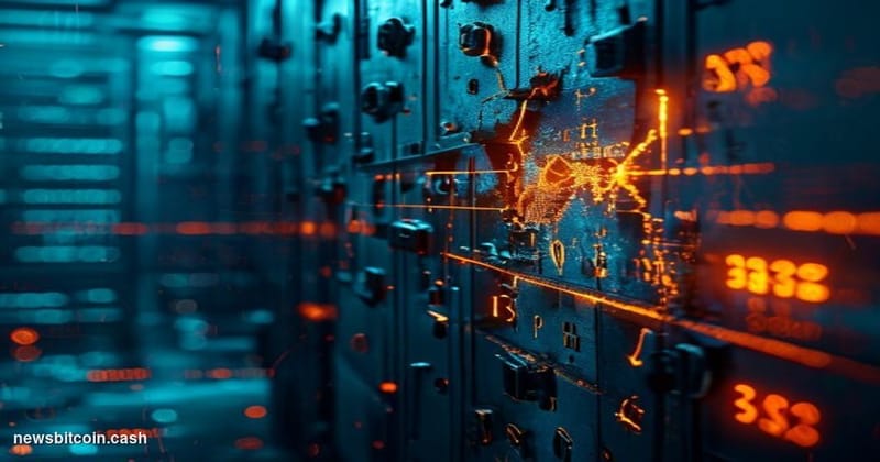 Cinematic photorealistic editorial photograph of a fractured digital vault door bearing the WEMIX logo on its face, dramatica