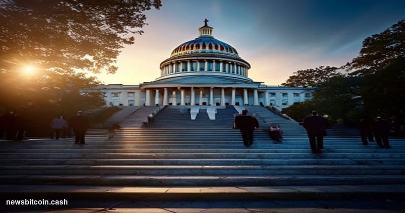 Cinematic photorealistic editorial photograph of the United States Capitol building in Washington D.C. at dusk, shot from a l