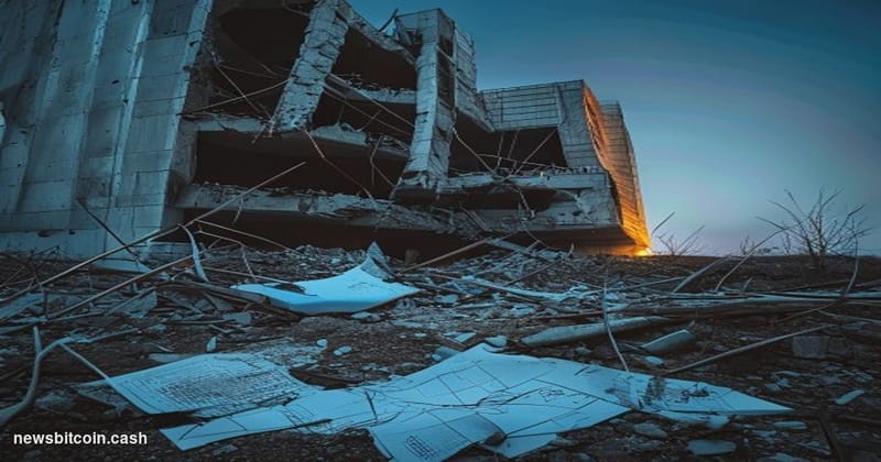 Cinematic photorealistic editorial photograph shot at ground level looking up at a collapsed and partially rebuilt brutalist 