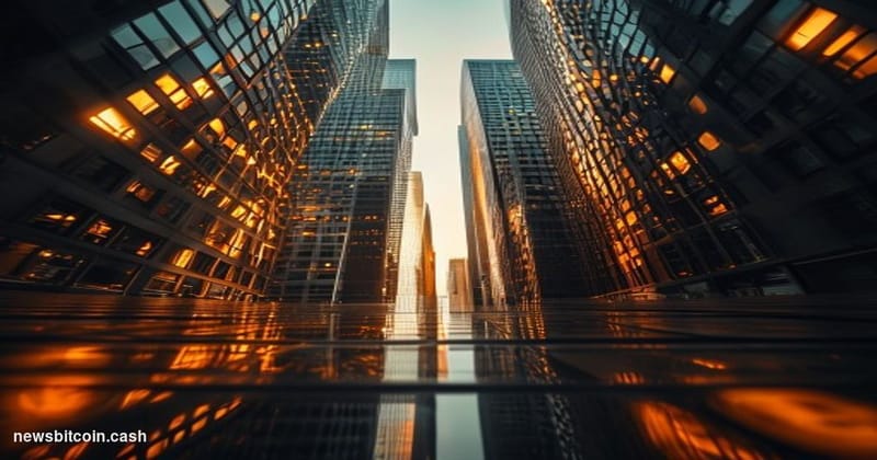 Cinematic photorealistic editorial photograph shot at golden hour from a low angle looking up at twin glass-and-steel skyscra