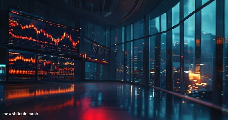 A cinematic photorealistic editorial photograph shot from a low angle inside a sleek, dimly lit institutional trading floor, 