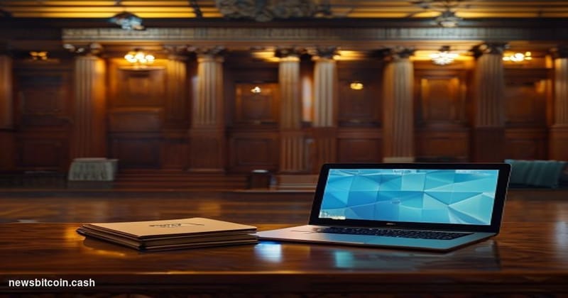 A cinematic photorealistic editorial photograph set inside a solemn Wisconsin state courthouse interior, marble columns and d