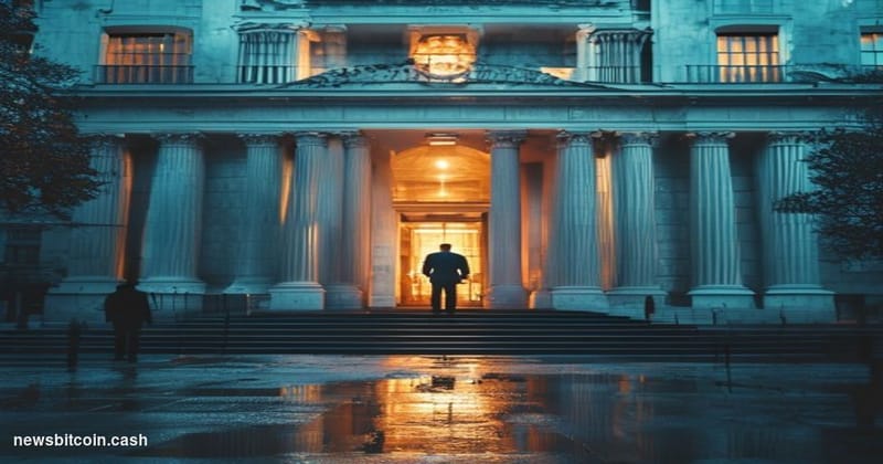 Cinematic photorealistic editorial photograph of the imposing neoclassical facade of the U.S. Office of the Comptroller of th