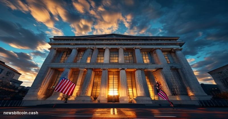 Cinematic photorealistic editorial photograph of the OCC headquarters building in Washington D.C. — a neoclassical federal go
