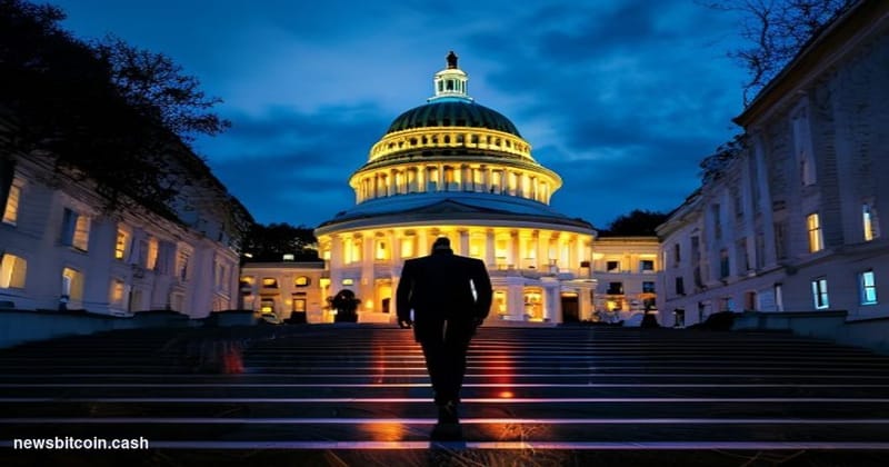 Cinematic photorealistic editorial photograph of the United States Capitol building at dusk, shot from a low angle looking up