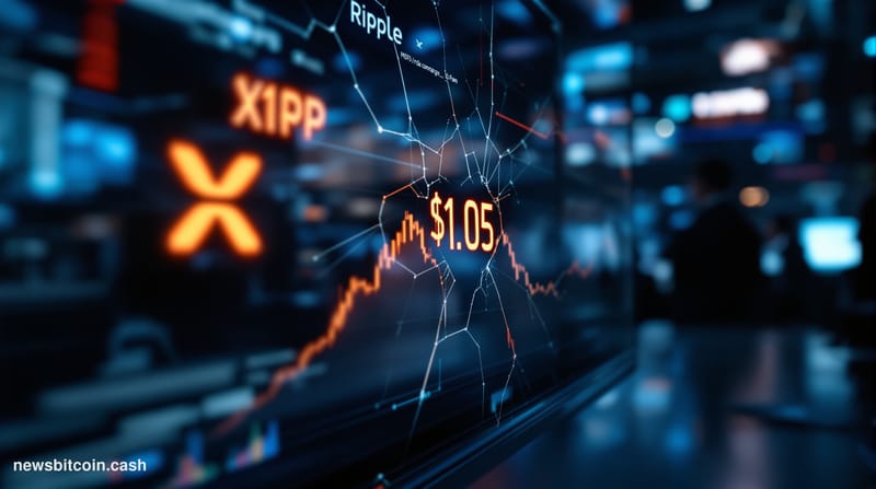 Cinematic photorealistic editorial photograph of a cracked digital trading screen displaying the XRP/Ripple logo and a price 