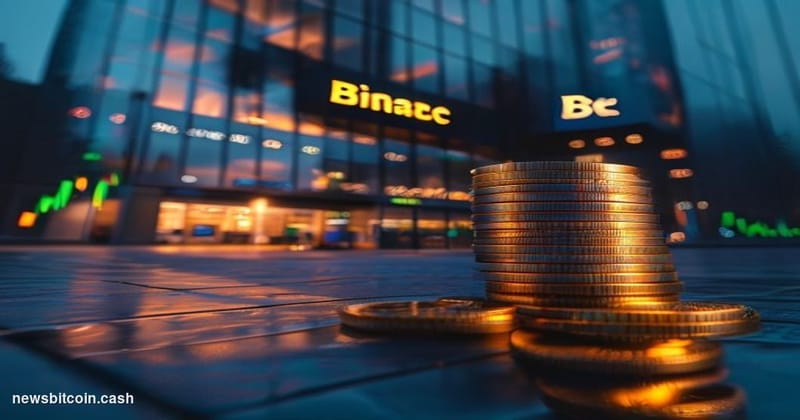 Cinematic photorealistic editorial photograph of the Binance exchange headquarters exterior at dusk, with warm amber lighting
