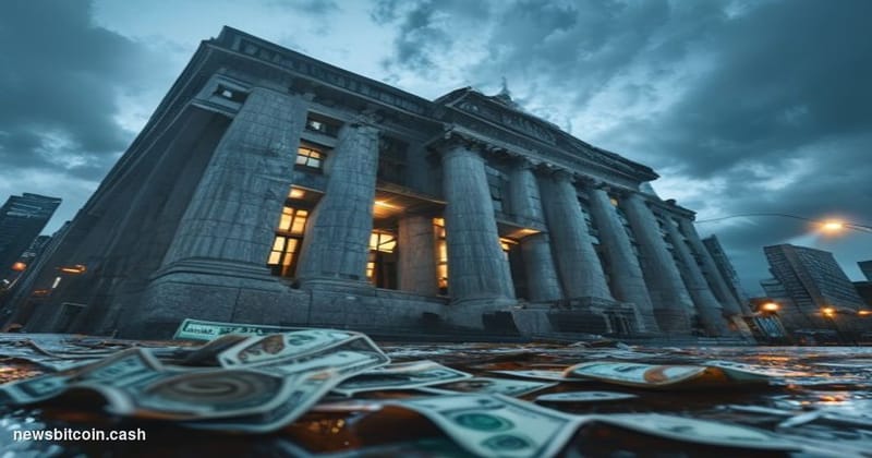 Cinematic photorealistic editorial photograph of the Bank of Japan's imposing neoclassical stone headquarters in central Toky