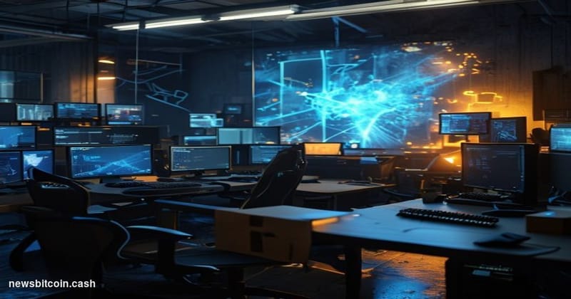 Cinematic photorealistic editorial photograph of a darkened gaming studio office being dismantled — monitors displaying pixel