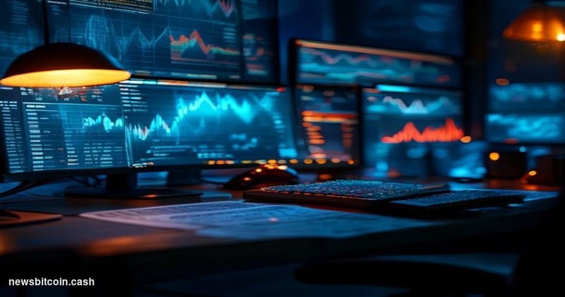 Cinematic photorealistic editorial photograph of a dark computer workstation bathed in the cold blue glow of multiple monitor