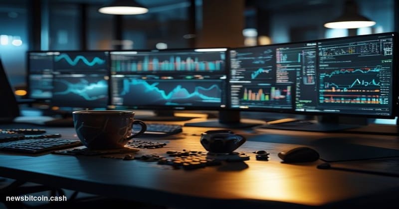 A cinematic photorealistic editorial photograph of a darkened computer workstation with multiple monitors displaying fading D