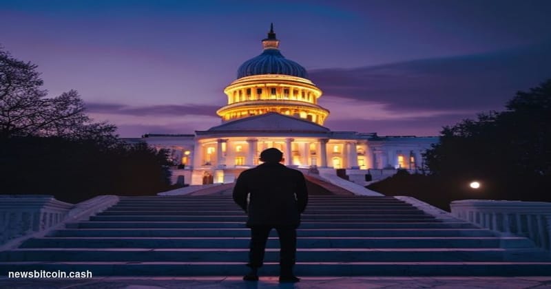 Cinematic photorealistic editorial photograph of the United States Capitol building at dusk, shot from a low angle looking up