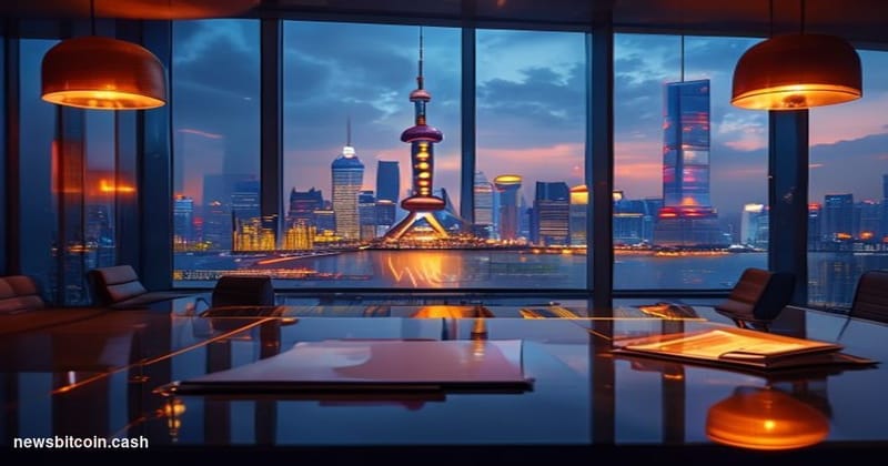 Cinematic photorealistic editorial photograph of a sleek modern corporate headquarters in Shanghai's Pudong financial distric