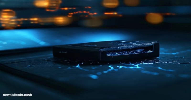 Cinematic photorealistic editorial photograph of a Ledger hardware wallet device — the iconic black USB-connected crypto secu