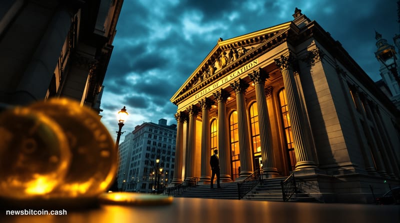 Cinematic photorealistic editorial photograph of a dramatic low-angle shot of the New York Federal Reserve building on Libert