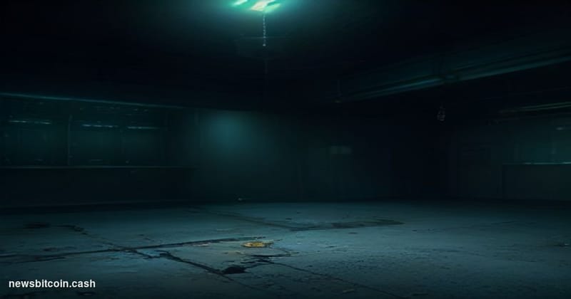 Cinematic photorealistic editorial photograph of a darkened server room with banks of glowing blue-green rack-mounted hardwar