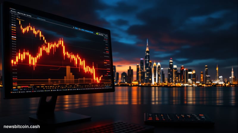 Cinematic photorealistic editorial photograph of the Abu Dhabi skyline at dusk, dominated by the distinctive glass and steel 