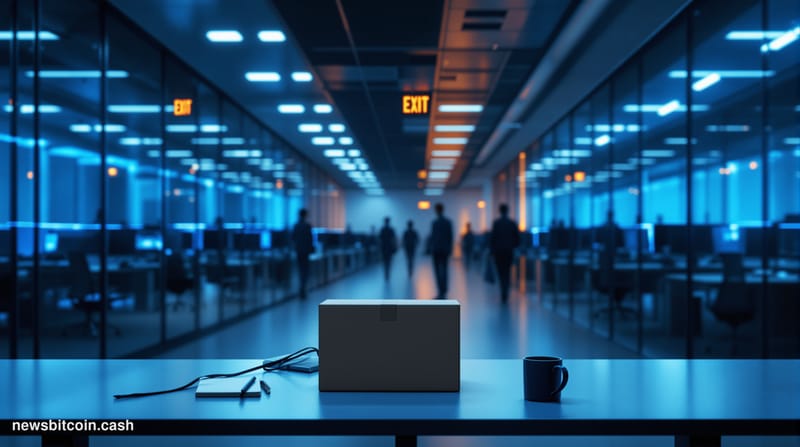 Cinematic photorealistic editorial photograph of a sleek, dimly lit modern tech office corridor with rows of empty desks and 
