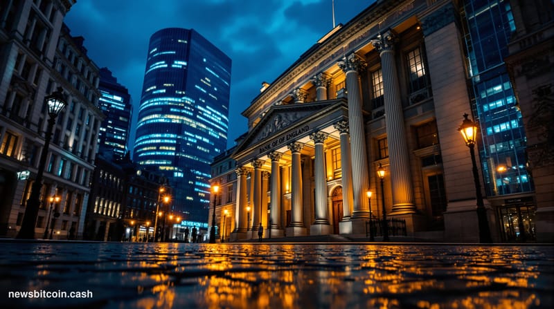 Cinematic photorealistic editorial photograph of the Bank of England's iconic neoclassical stone facade on Threadneedle Stree