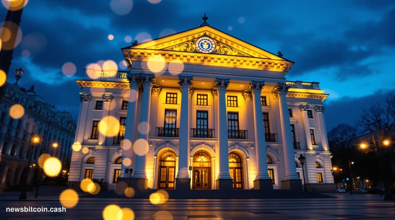 Cinematic photorealistic editorial photograph of the Bank of Russia's imposing neoclassical headquarters building on Neglinna