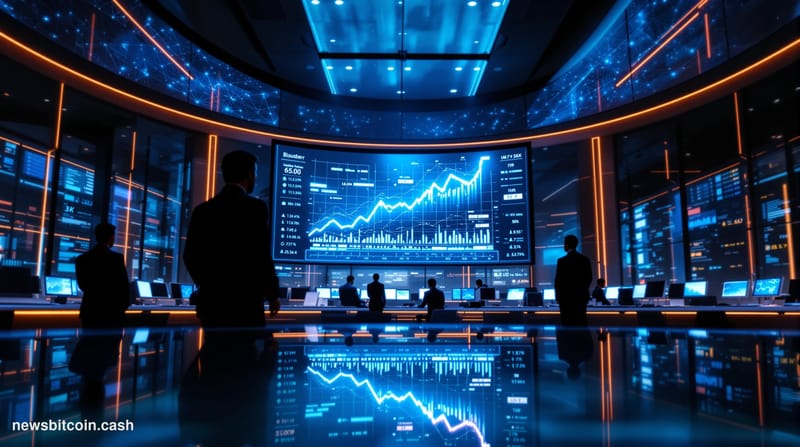 Cinematic photorealistic editorial photograph of a Binance-branded corporate environment — a sleek modern trading floor inter