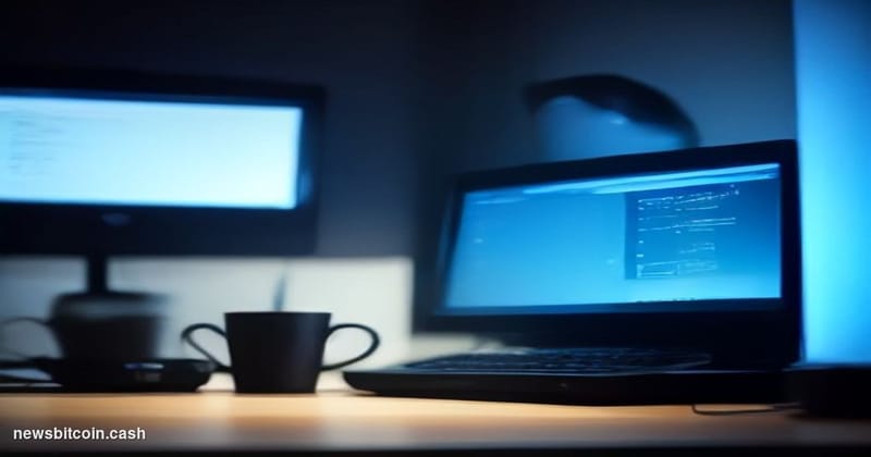 Cinematic photorealistic editorial photograph shot from a low angle looking up at a lone figure seated at a dimly lit desk, i