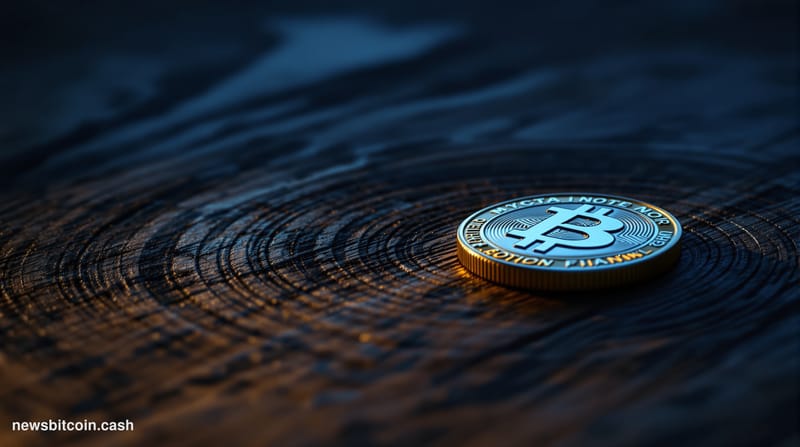 A cinematic photorealistic editorial photograph depicting a lone Bitcoin physical coin resting on a dark, aged wooden surface