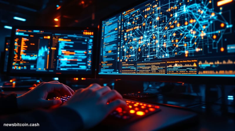 Cinematic photorealistic editorial photograph of a darkened cybersecurity operations room bathed in deep blue and amber light